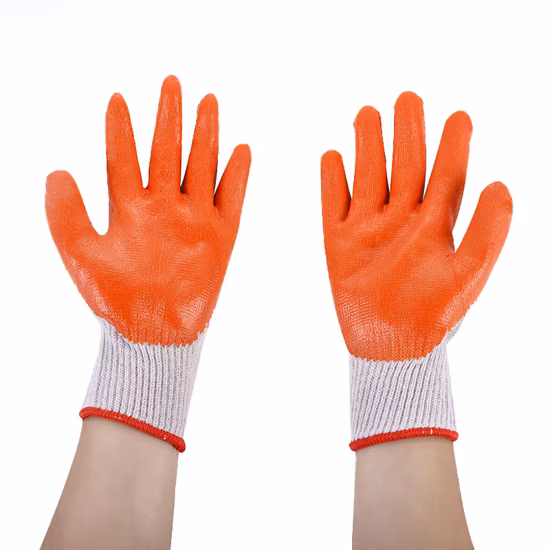 Guanti di sicurezza da lavoro con fodera in cotone bianco naturale rivestito liscio in lattice di gomma arancione